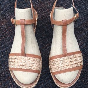 StuartWeitzman Braided Raffia/Leather Wedge Sandal